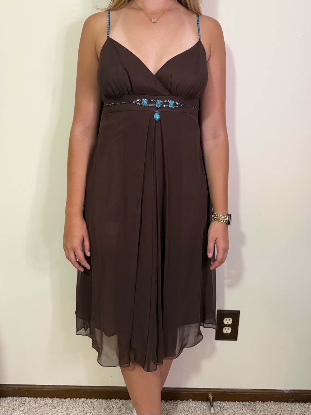 Nicole Brown Chiffon Midi Dress with Turquoise Accents